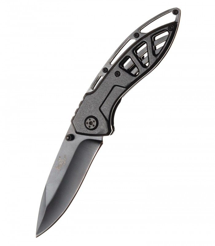 Nůž zavírací 19,5 cm Jet-black, oboustranný trn (pro leváky i praváky), flipper, klips pro opasek, pojistka, vroubkování