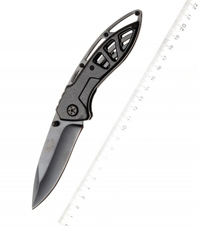 Nůž zavírací 19,5 cm Jet-black, oboustranný trn (pro leváky i praváky), flipper, klips pro opasek, pojistka, vroubkování