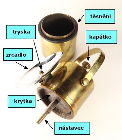 karbidová lampa ruční 104C - náhradní díly, i nástavec kapátka